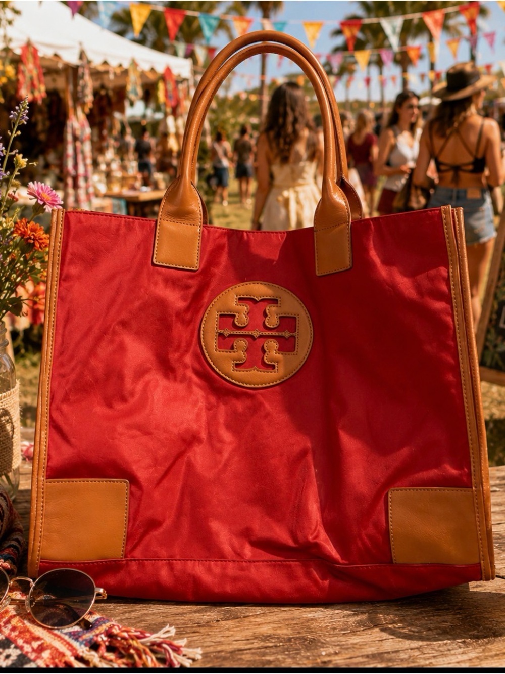 Tory Burch Poppy red  and aged vahetta tote bag